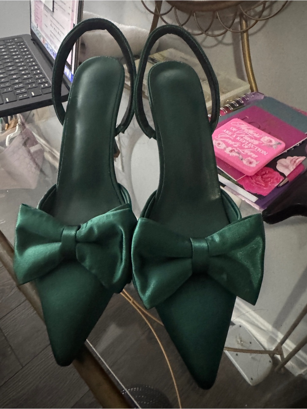 Green Satin Bow Pointed-Toe Slingback Heels